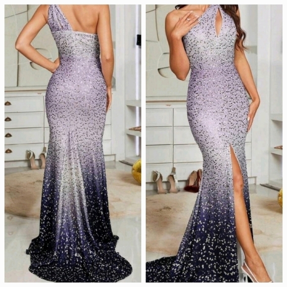 Purple, Colorblock,Ombre,Assymmetrical Neck, Sleeveless, Contrast Sequined Gown - Picture 3 of 16